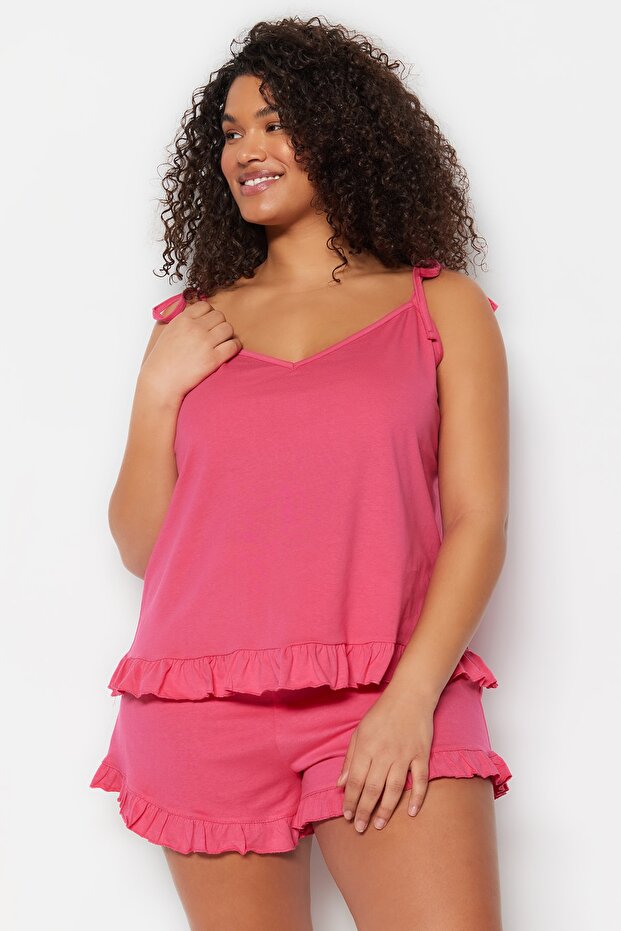 Fuşya Örme Bağlama Detaylı Şortlu Pijama Takımı TBBSS22PT0564 - 2