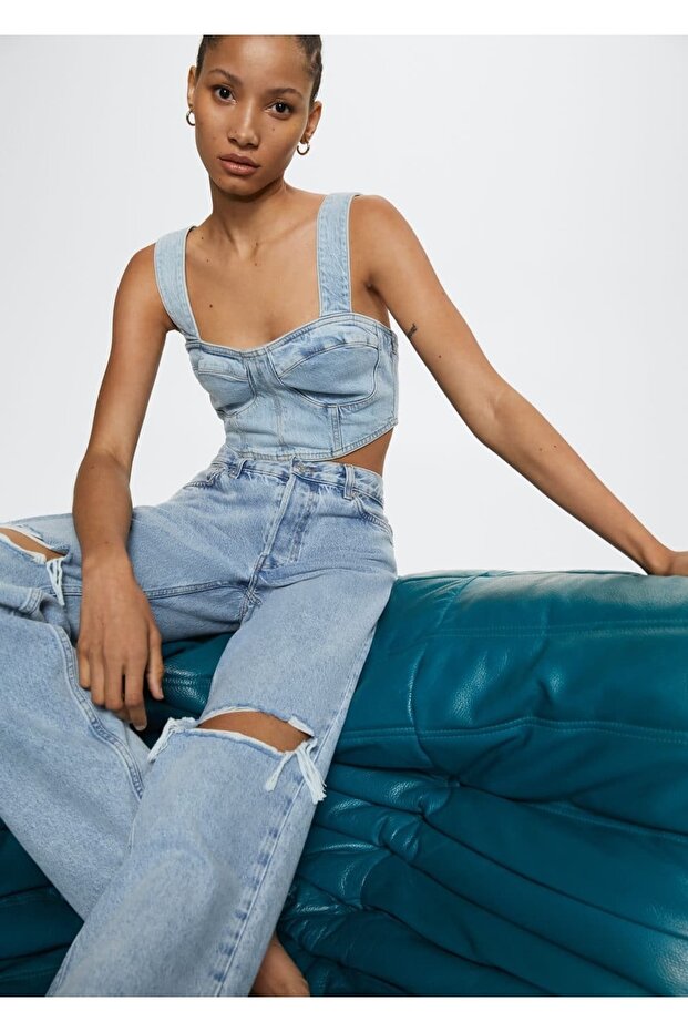 Denim Cropped Bluz - 7