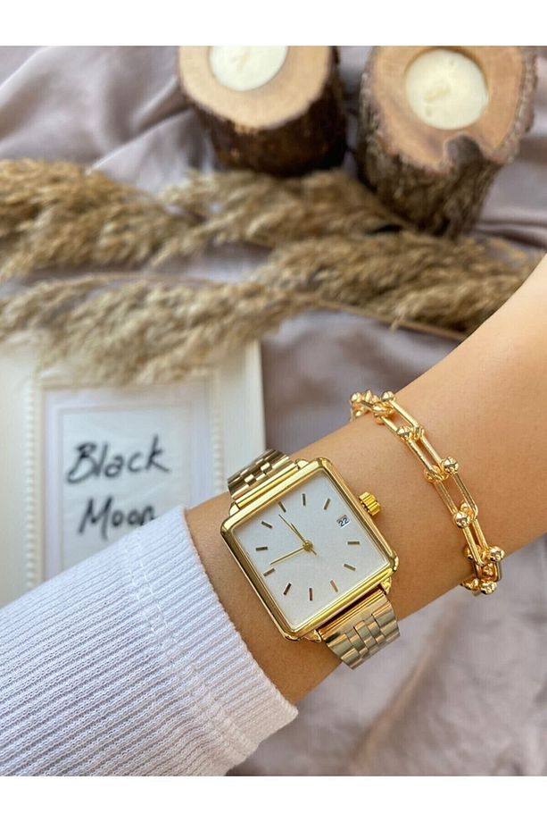 Kare Gold Renk Takvimli Analog Kol Saati - 1