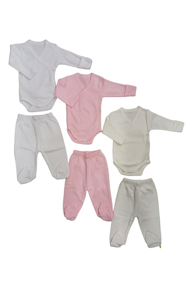 Long Sleeved Gloves, Snaps, Double-Breasted Bodysuit and Booties Bottom (3 Sets White-pink-cream)