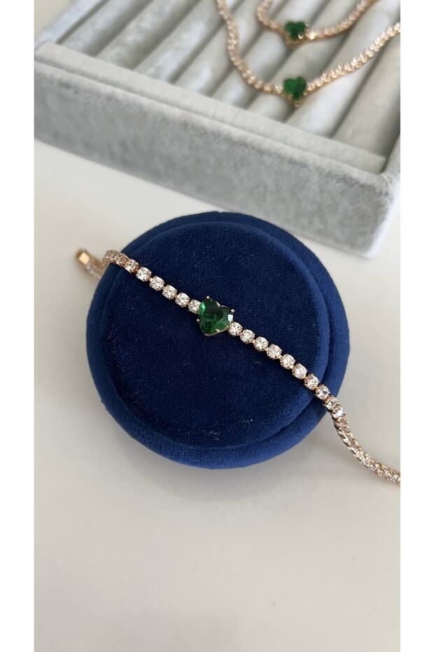 Steel Gold Green Stone Heart Detailed Waterway Bracelet