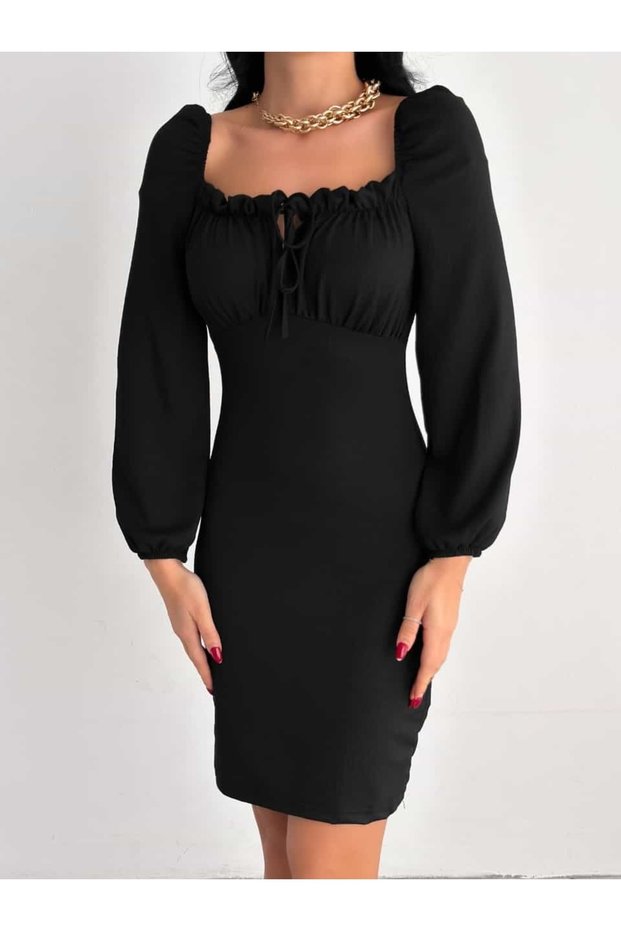 Women's U-Neck Lace Detail Balloon Sleeve Twist Fabric Dress (Color Optional)