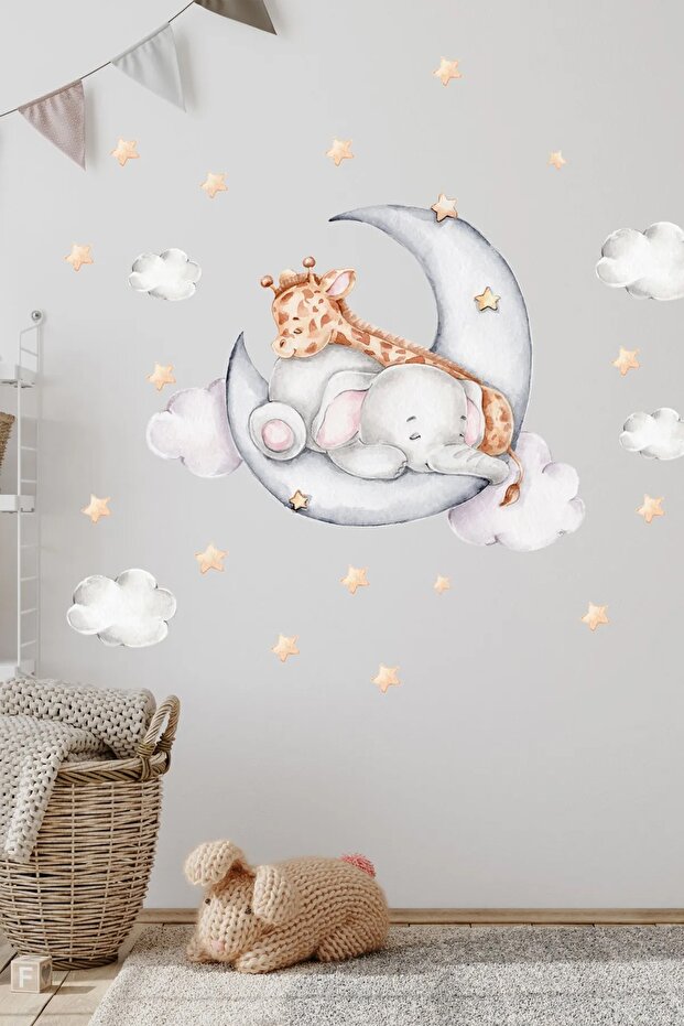 Sleeping Elephant and Giraffe on the Moon Kids Room Wall Sticker Set