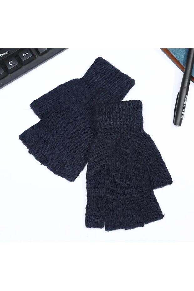 Navy Blue Unisex Knitwear Cut Gloves
