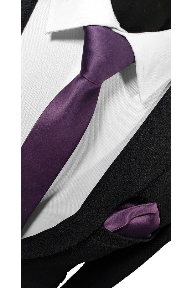 Ekstra Ince Mürdüm Renk Düz Slim Fit 4 Cm Genişliğinde Kravat Mendil Seti Slim Fit Dar - 3