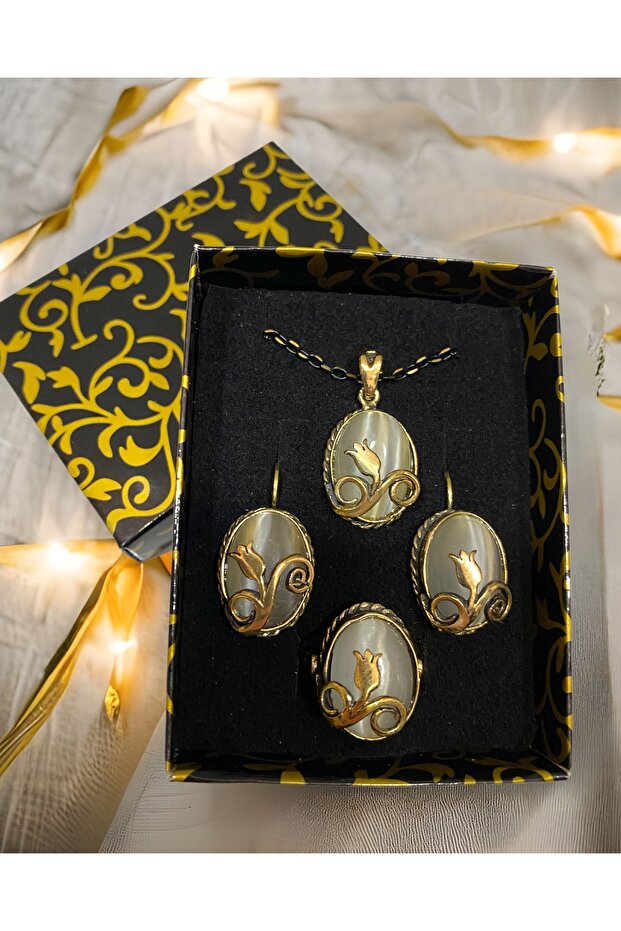 Cat's Eye Copper, Antiallergic Necklace Earring Ring Jewelry Set