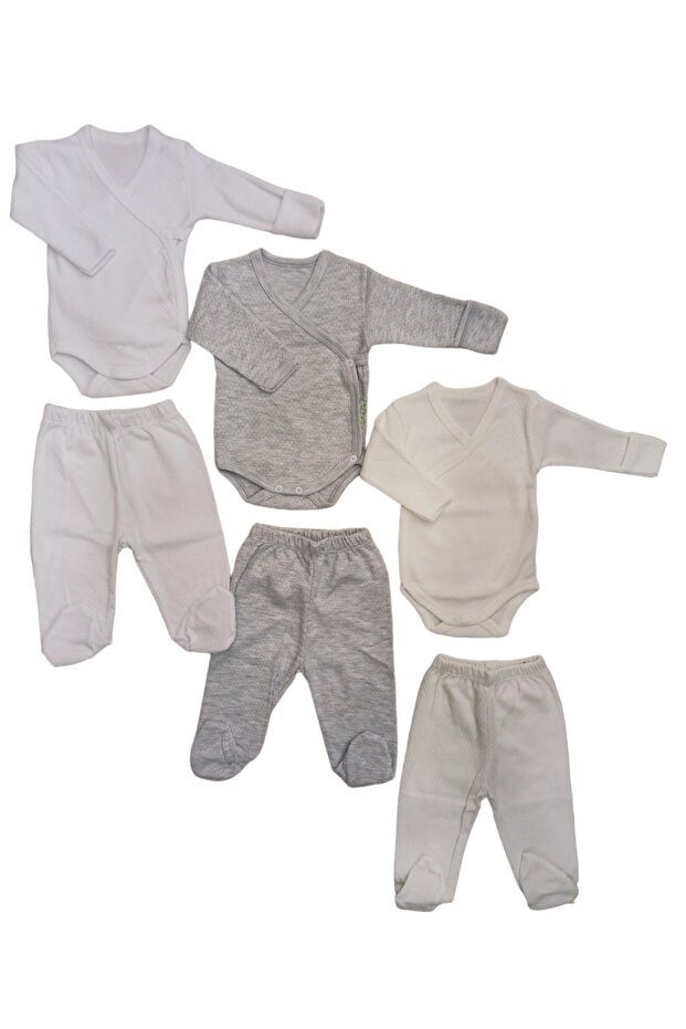 Long Sleeved Gloves, Snaps, Double-Breasted Bodysuit and Booties Bottom (3 Sets White-grey-cream)