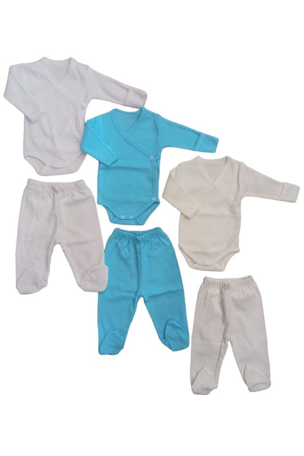 Long Sleeved Gloves, Double Breasted Bodysuit with Snaps and Booties Bottom (3 Sets White-turquoise-cream)