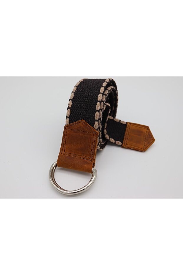 Unisex Leather Detailed Beige Brown D Ring Tactical Sports Canvas Belt