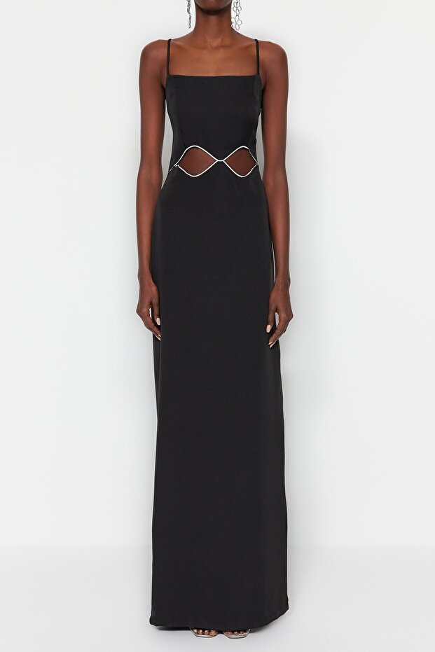 Siyah Dokuma Pencere/Cut Out Detaylı Uzun Gece Abiye Elbise TPRSS23AE00028 - 4
