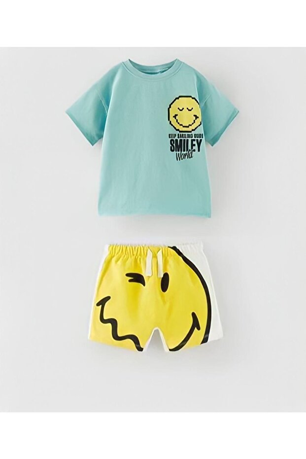 Unisex Smiley Printed Children's Double Bottom Top Set with Shorts