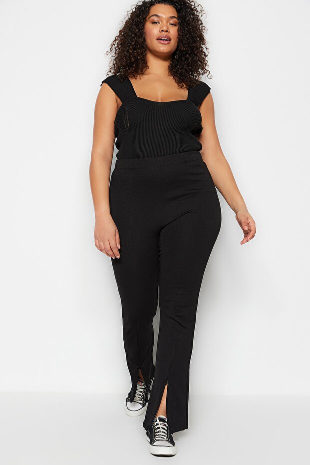 Siyah Skinny Yüksek Bel Paçası Fermuarlı Örme Büyük Beden Pantolon TBBSS23AR00011 - 7