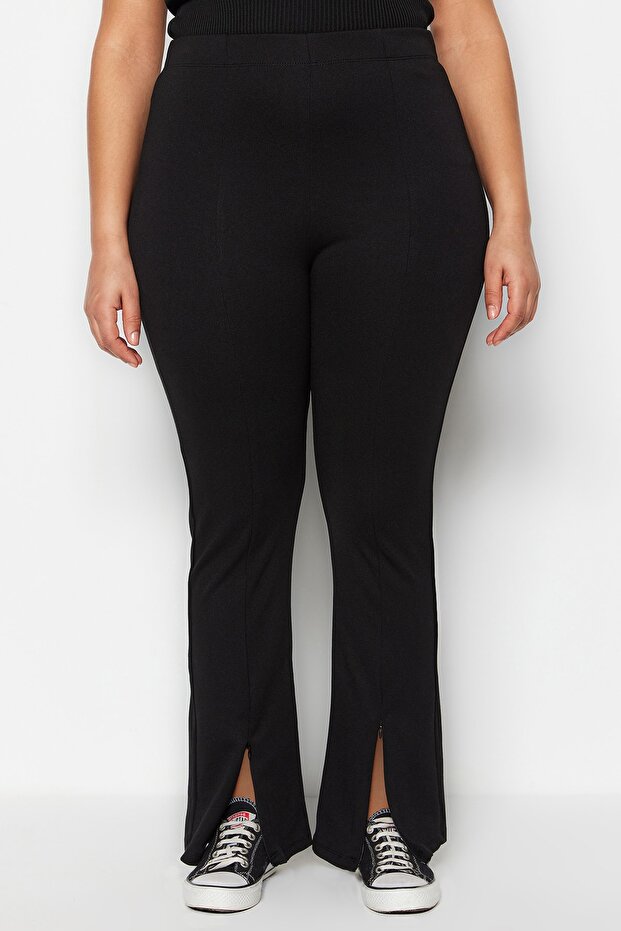 Siyah Skinny Yüksek Bel Paçası Fermuarlı Örme Büyük Beden Pantolon TBBSS23AR00011 - 1