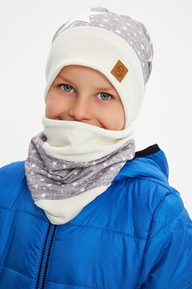 Baby Boy Kids Pompom Beanie Neck Collar Set Soft Double Layer 100% Natural Cotton