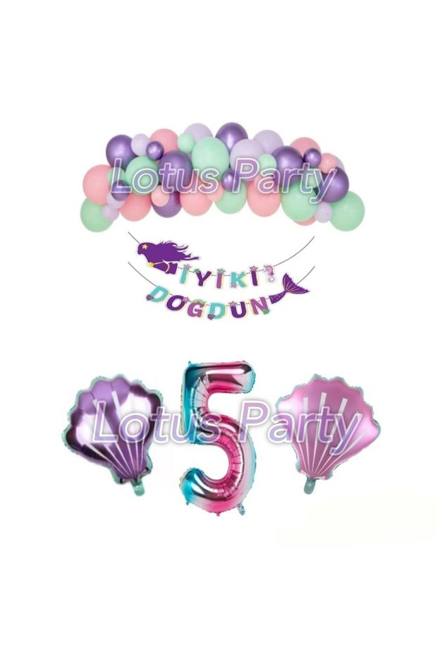 5 Year Old Mermaid Birthday Party Set (Mermaid Banner - Seashell Foil Balloon - 1 Figure)