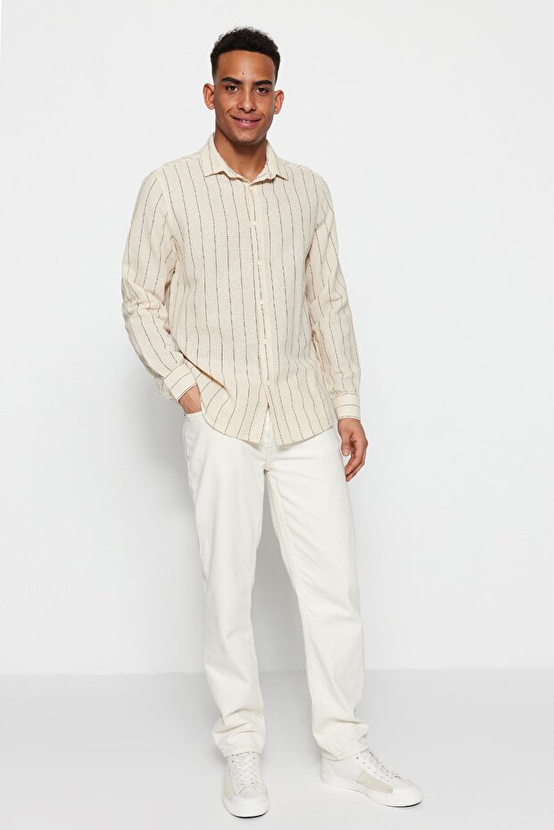 Siyah Çizgili Regular Fit Dokulu Gömlek TMNSS23GO00085 - 3