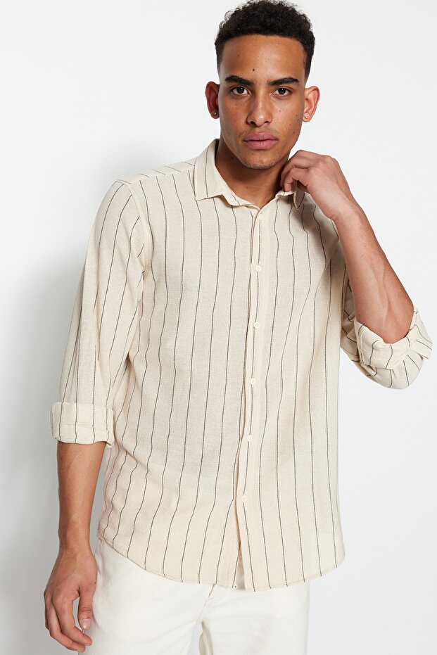 Siyah Çizgili Regular Fit Dokulu Gömlek TMNSS23GO00085 - 2