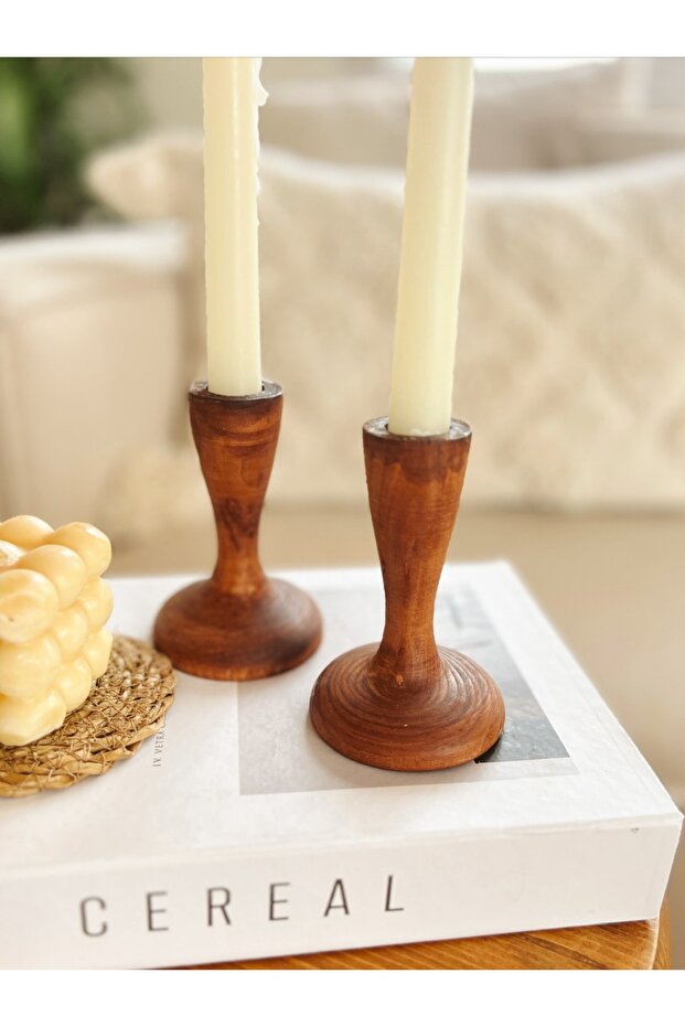 2li Ahşap Konik Mumluk / Şamdan - 3