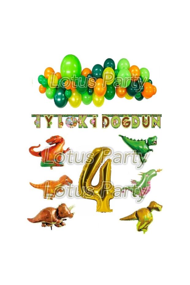 4 Year Old Birthday Party Set with Safari Dinosaur (Safari Banner - 6-Piece Dinosaur Foil Balloon - 1 Figure)