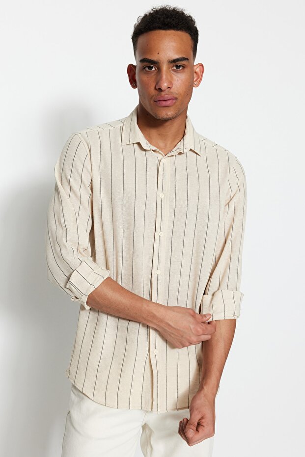 Siyah Çizgili Regular Fit Dokulu Gömlek TMNSS23GO00085 - 1