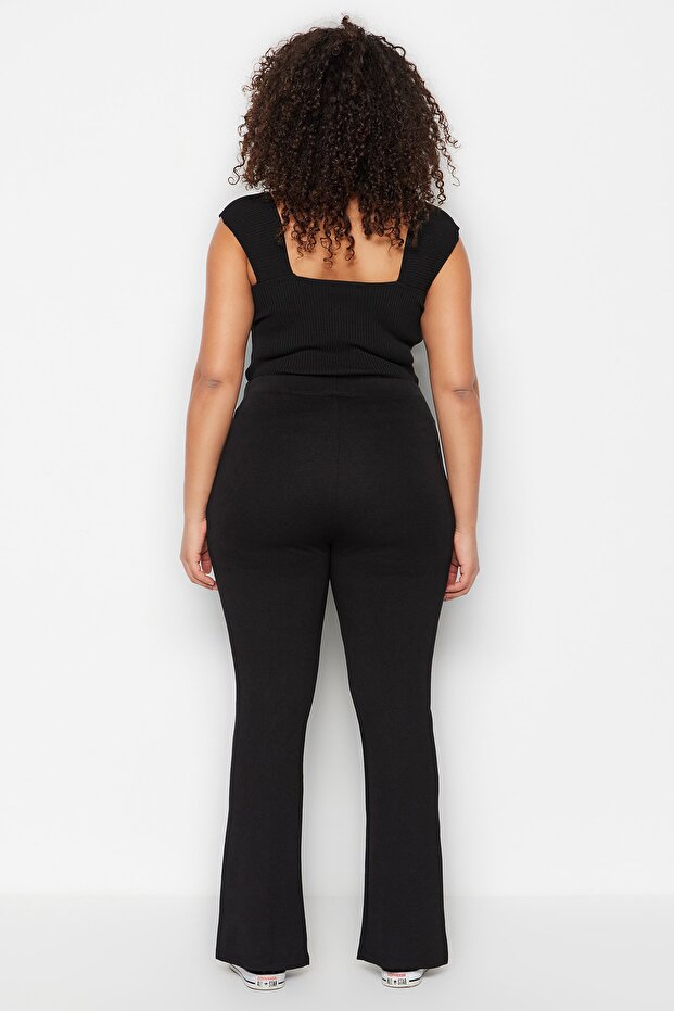 Siyah Skinny Yüksek Bel Paçası Fermuarlı Örme Büyük Beden Pantolon TBBSS23AR00011 - 10