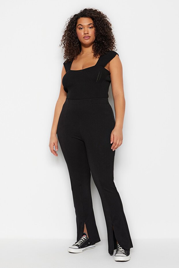 Siyah Skinny Yüksek Bel Paçası Fermuarlı Örme Büyük Beden Pantolon TBBSS23AR00011 - 9