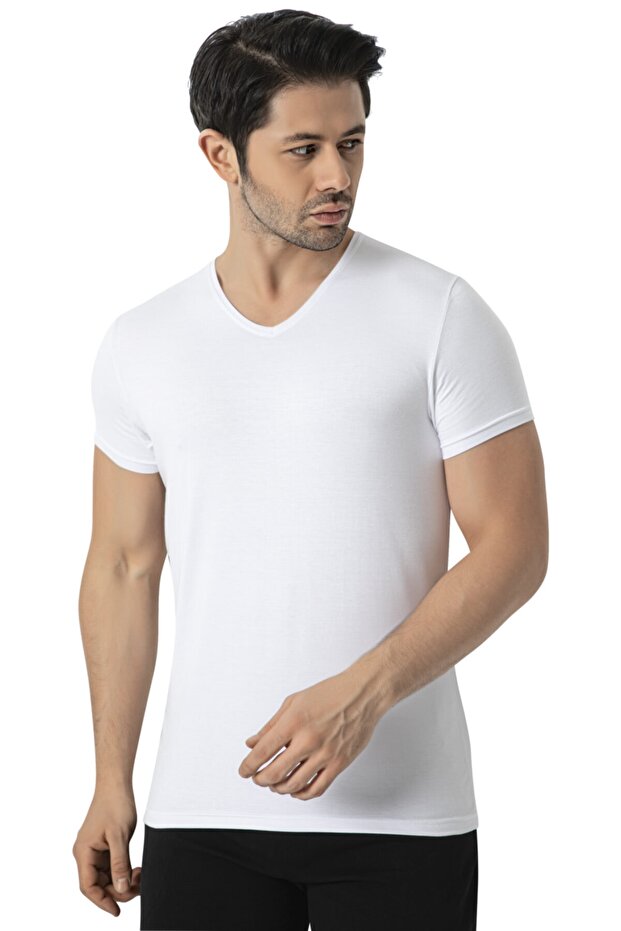 Men's White Bamboo Short Sleeve V-Neck Undershirt Athlete 3905