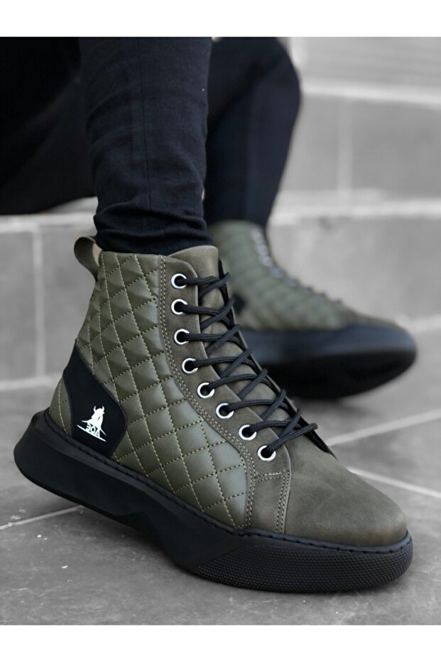 Ba0159 Bağcıklı Haki Kapitone Erkek Yüksek Taban Spor Bot - 2