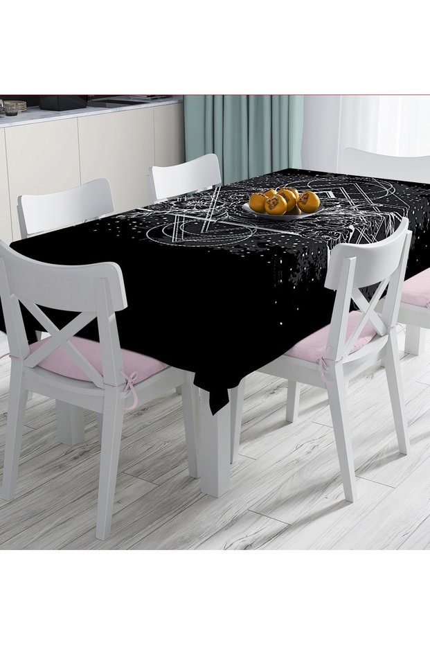 White Patterned Digital Printed Tablecloth on Black Background