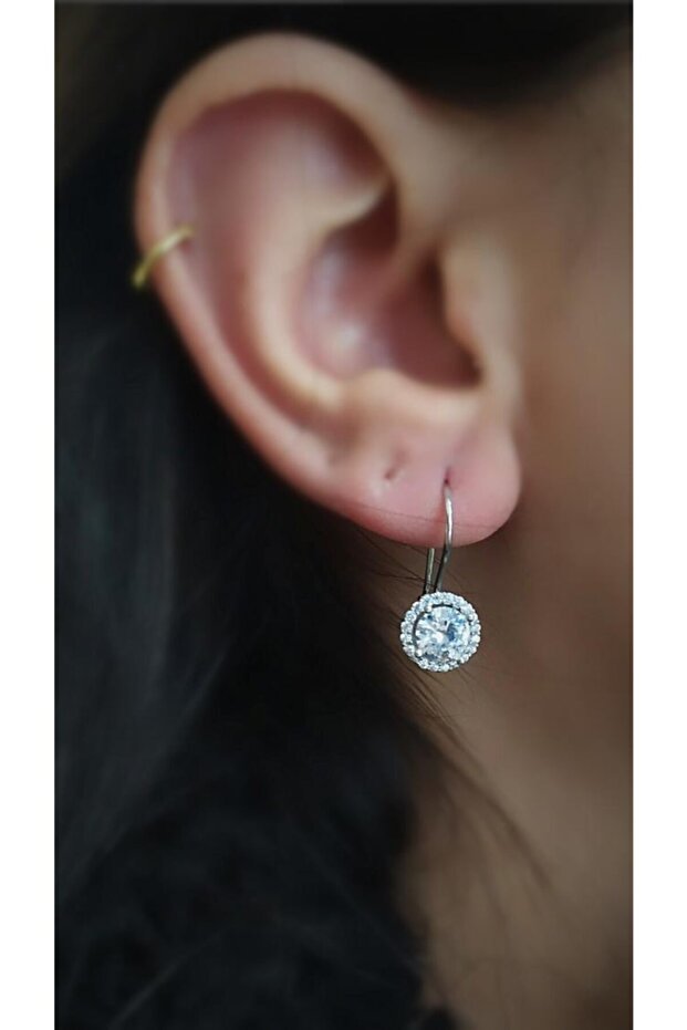 Gümüş Sallantılı Tek Taş Küpe - 1