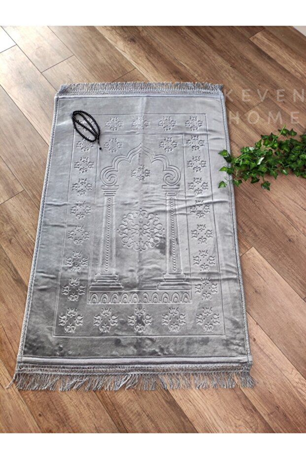 Gray Non-Slip Based Soft Textured Plush Prayer Rug 80X120Cm