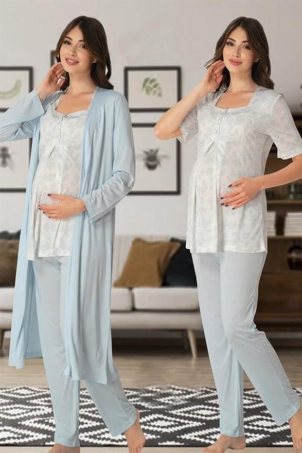 Effort Blue Patterned Maternity Pajamas Set with Maternity Dressing Gown