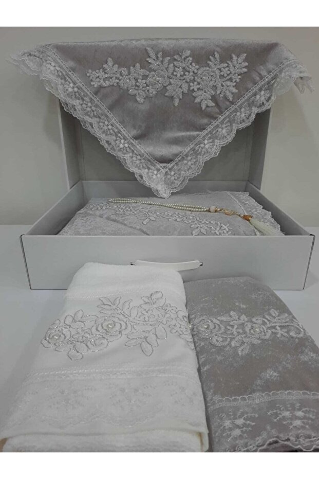 5 Piece Gray Velvet French Laced Prayer Rug Set