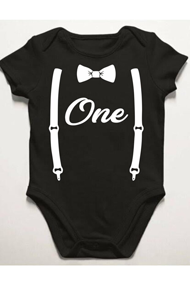 1 Year Old One Bow Tie White Printed Black Short Sleeve Baby Bodysuit