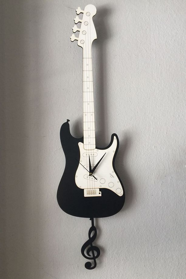 Siyah Gitar Büyük Boy Sallanır Sarkaçlı Duvar Saati siyah gitar - 1