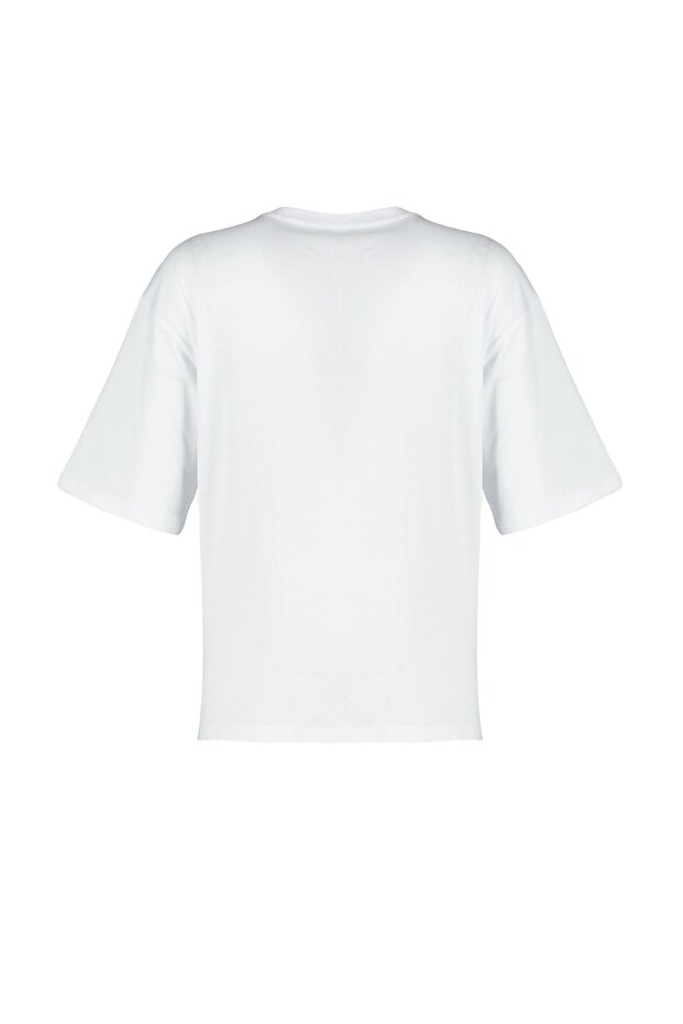 Beyaz %100 Pamuk Taş Detaylı Relaxed/Geniş Rahat Kesim Bisiklet Yaka Örme T-Shirt TWOSS23TS00153 - 8