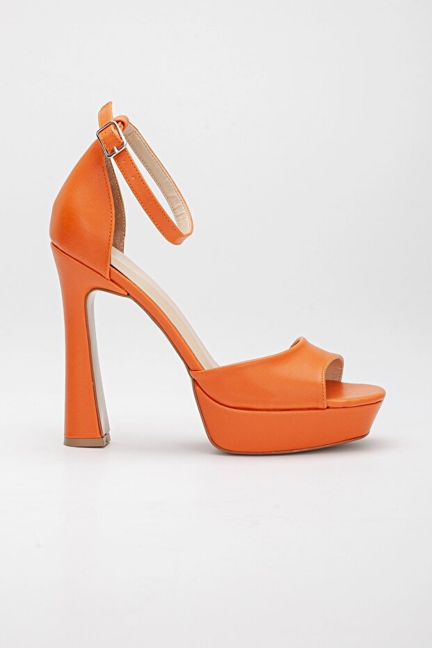Kadın Turuncu Cilt Tek Bant Özel Üretim Kaplama Ökçe Platform Topuklu Ayakkabı - Topuk 12 cm - 2