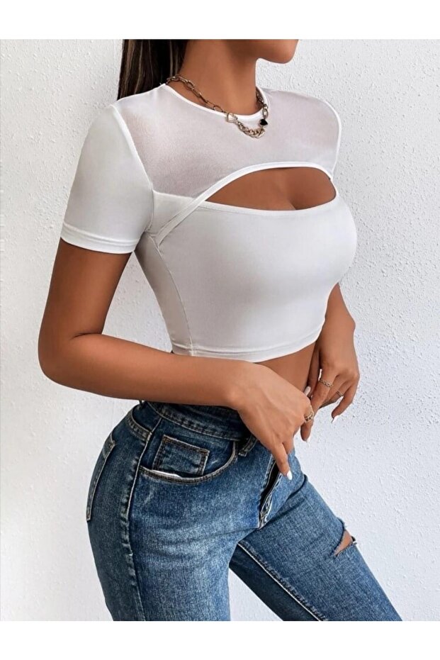 Women's Low-cut Tulle Front Short Sleeve Blouse