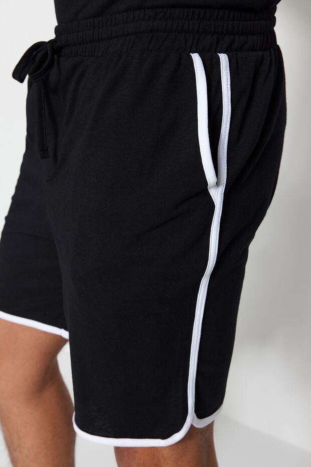 Siyah Regular Fit Bisiklet Yaka Kol Şeritli Şortlu Pijama Takımı TMNSS23PT00001 - 8