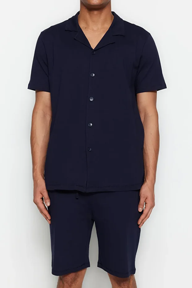 Navy Blue Unisex Regular Fit Apache Collar Shorts Pajamas Set TMNSS23PT00007 - 3