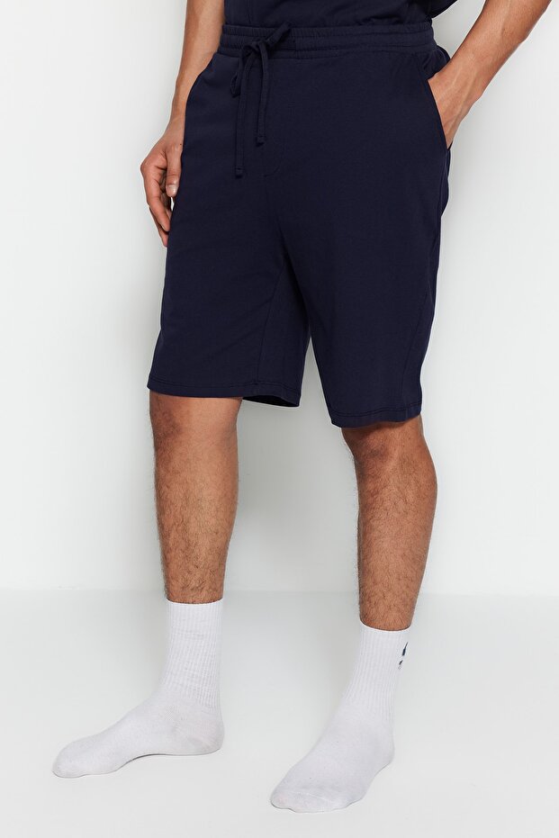 Navy Blue Unisex Regular Fit Apache Collar Shorts Pajamas Set TMNSS23PT00007 - 5