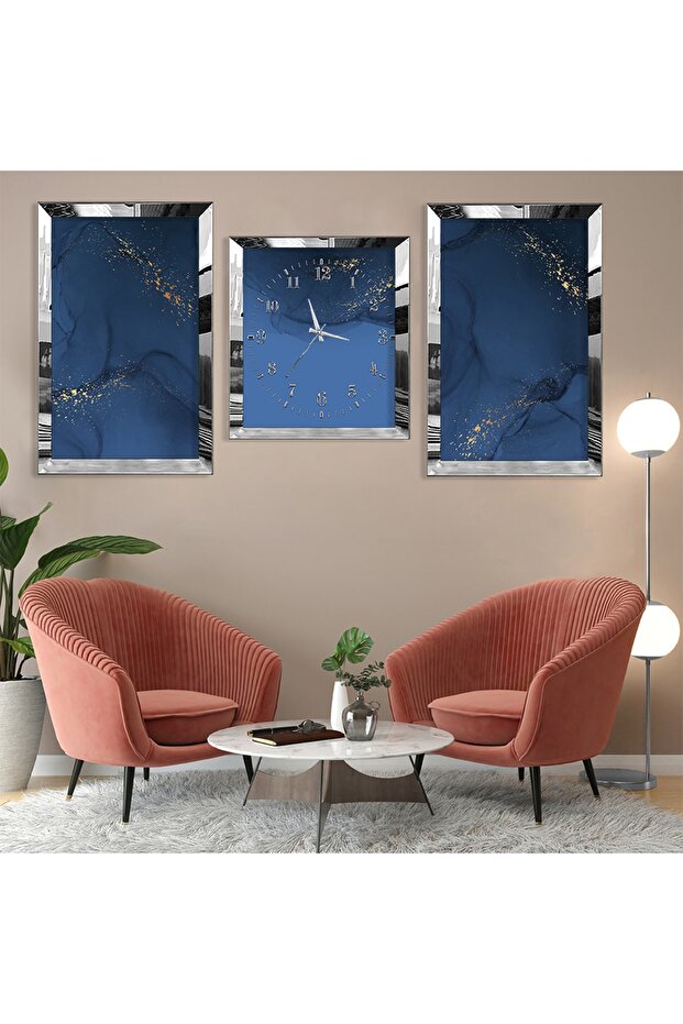Blue Abstract Pattern Silver Plexi Edge Triple Mdf Table Set and Clock Set