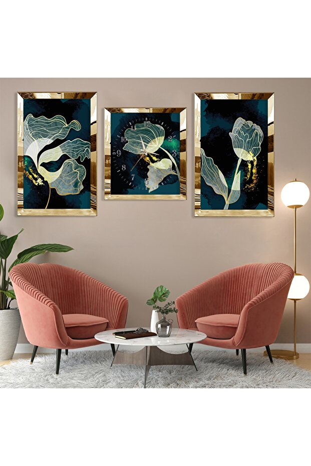 Plant Abstract Pattern Gold Plexi Edge Triple Mdf Table Set and Clock Set