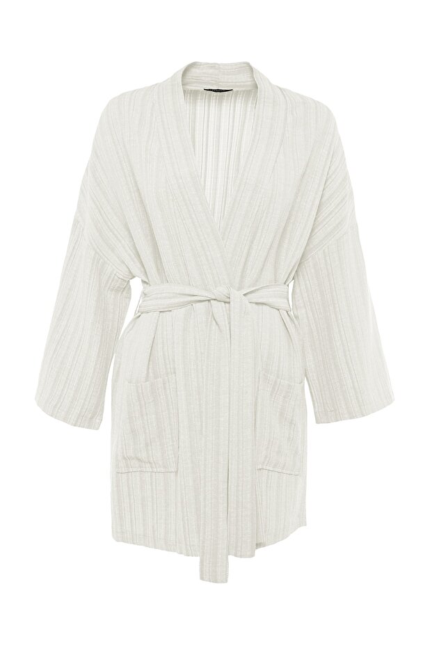 Ekru Dokuma Plaj Mini Kuşaklı Kimono&Kaftan TBESS23KM00081 - 6