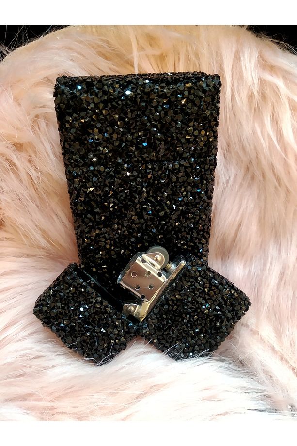 Siyah Parlak Taşlı Slim (ince) Kısa Sigara Kutusu Ve Zippo Çakmak Seti - 3