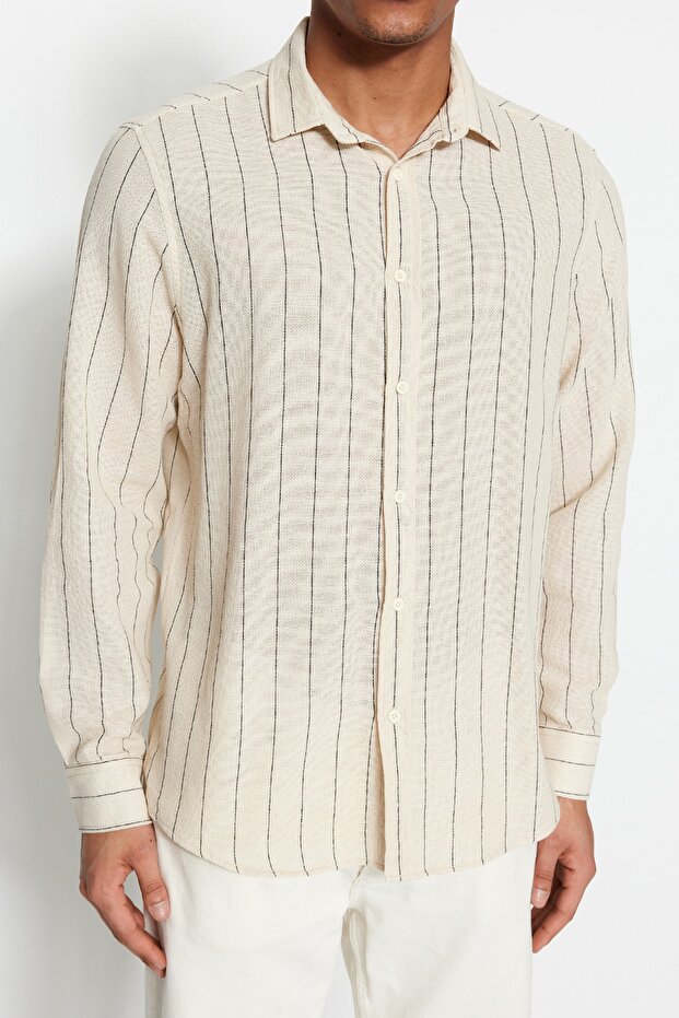 Siyah Çizgili Regular Fit Dokulu Gömlek TMNSS23GO00085 - 4