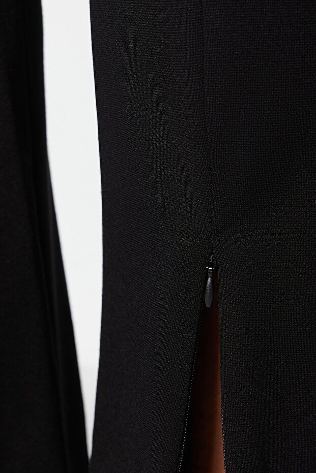 Siyah Skinny Yüksek Bel Paçası Fermuarlı Örme Büyük Beden Pantolon TBBSS23AR00011 - 8
