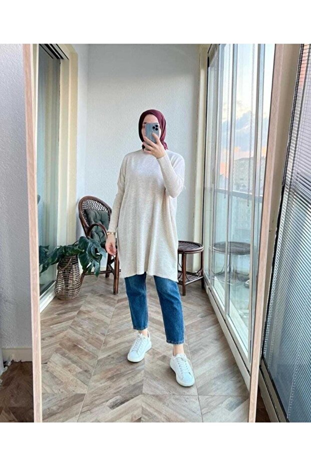 Women's Blue Half Turtleneck Knitwear Poncho Sweater Tunic
