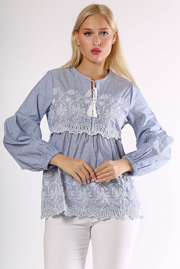 Blue Halter Neck Balloon Sleeve Embroidered Woven Blouse