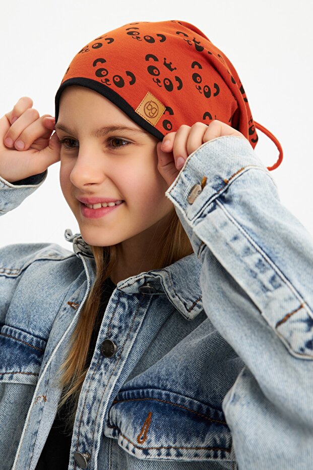 Girl's Panda Patterned Hat Beanie Soft Double Layer 100% Natural Cotton Combed Cotton